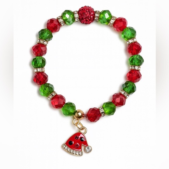 Source Unknown Jewelry - ⚜️ Festive Red and Green Beaded Bracelet with Santa Hat Charm